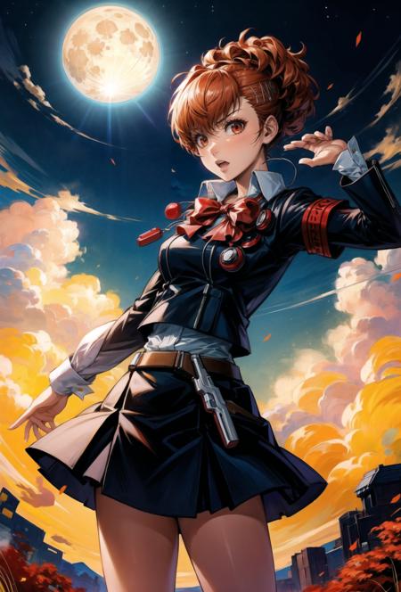 07831-4099258537-kotone, school uniform, bow, skirt, armband, digital media player, headphones, full moon, starry night, holding gun, angry,.png